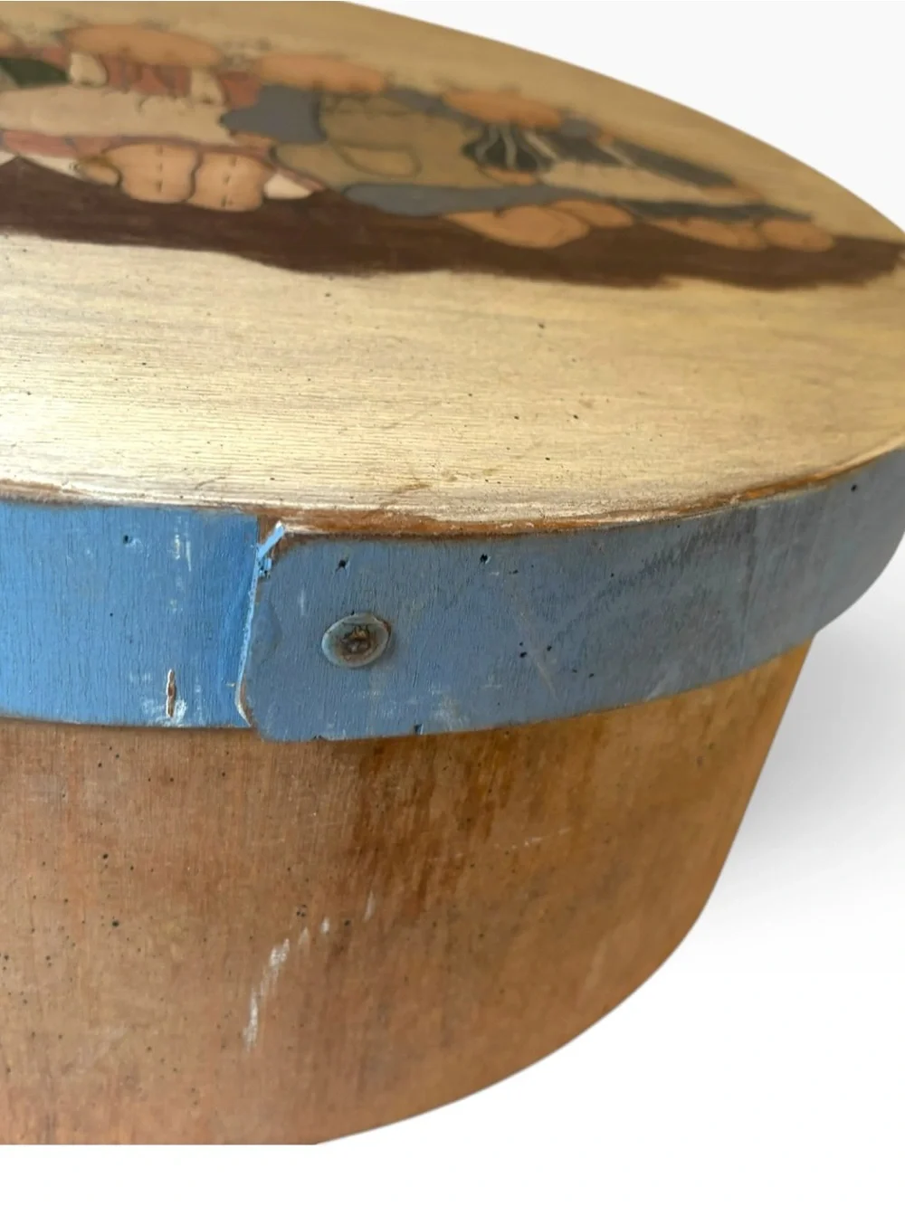 Vintage Bentwood Cheese Box Round Wooden Pantry Box Folk Art Painted Rag Dolls
